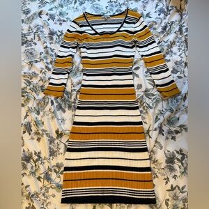 Papaya Mustard and Black Striped Long Sleeve Dress